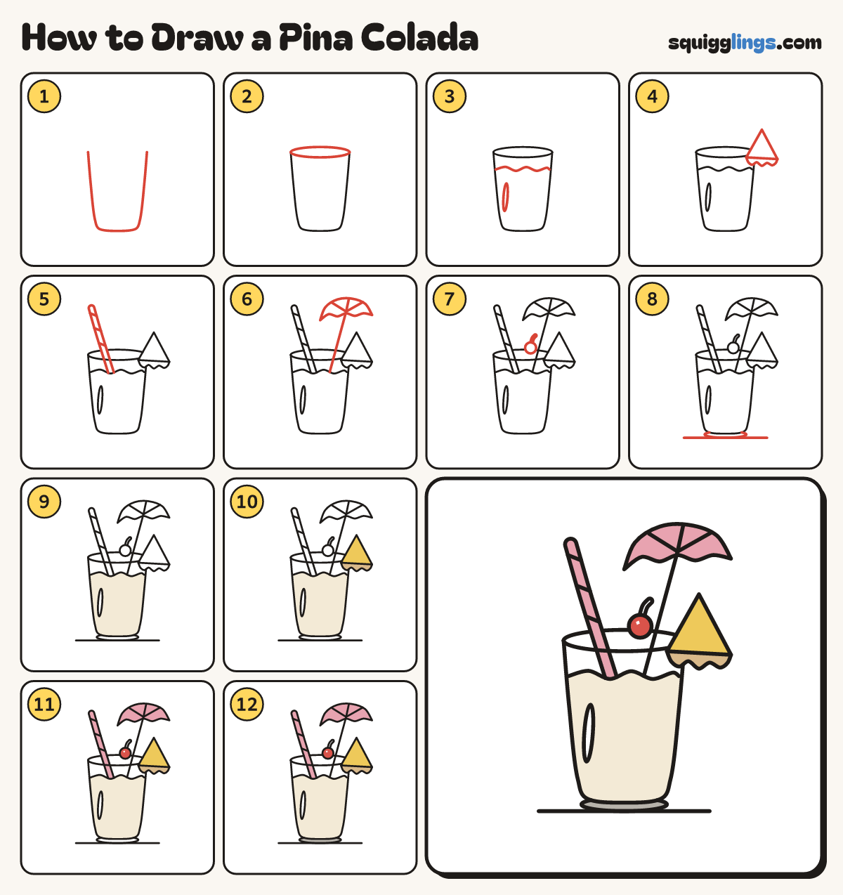 How to Draw a Pina Colada step by step: all 12 steps in one picture