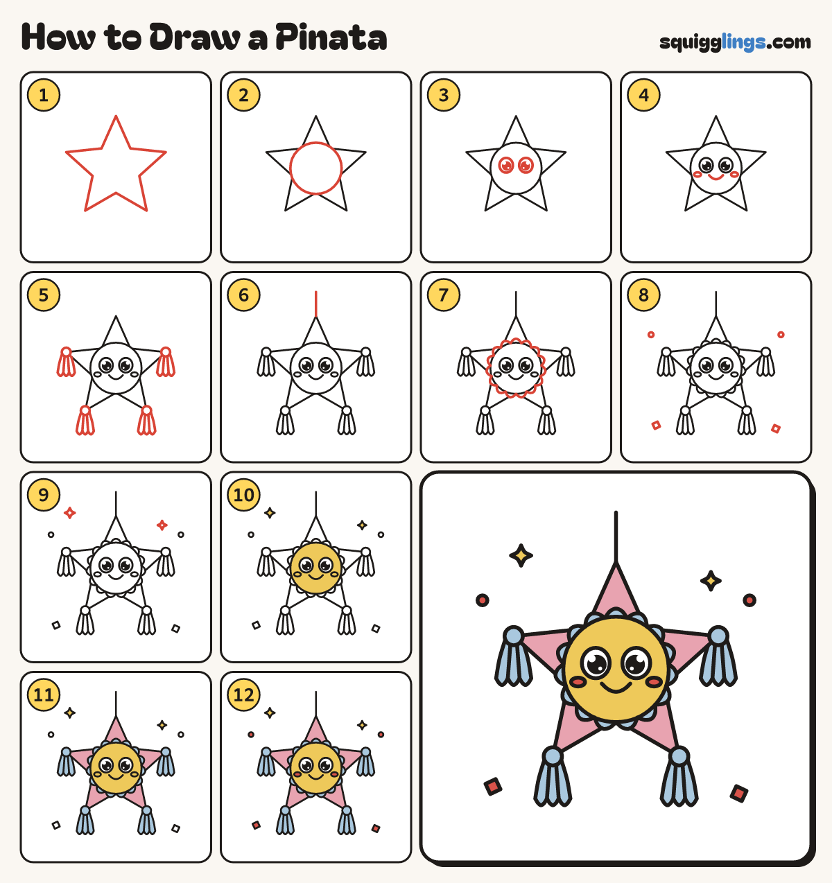 How to Draw a Pinata step by step: all 12 steps in one picture