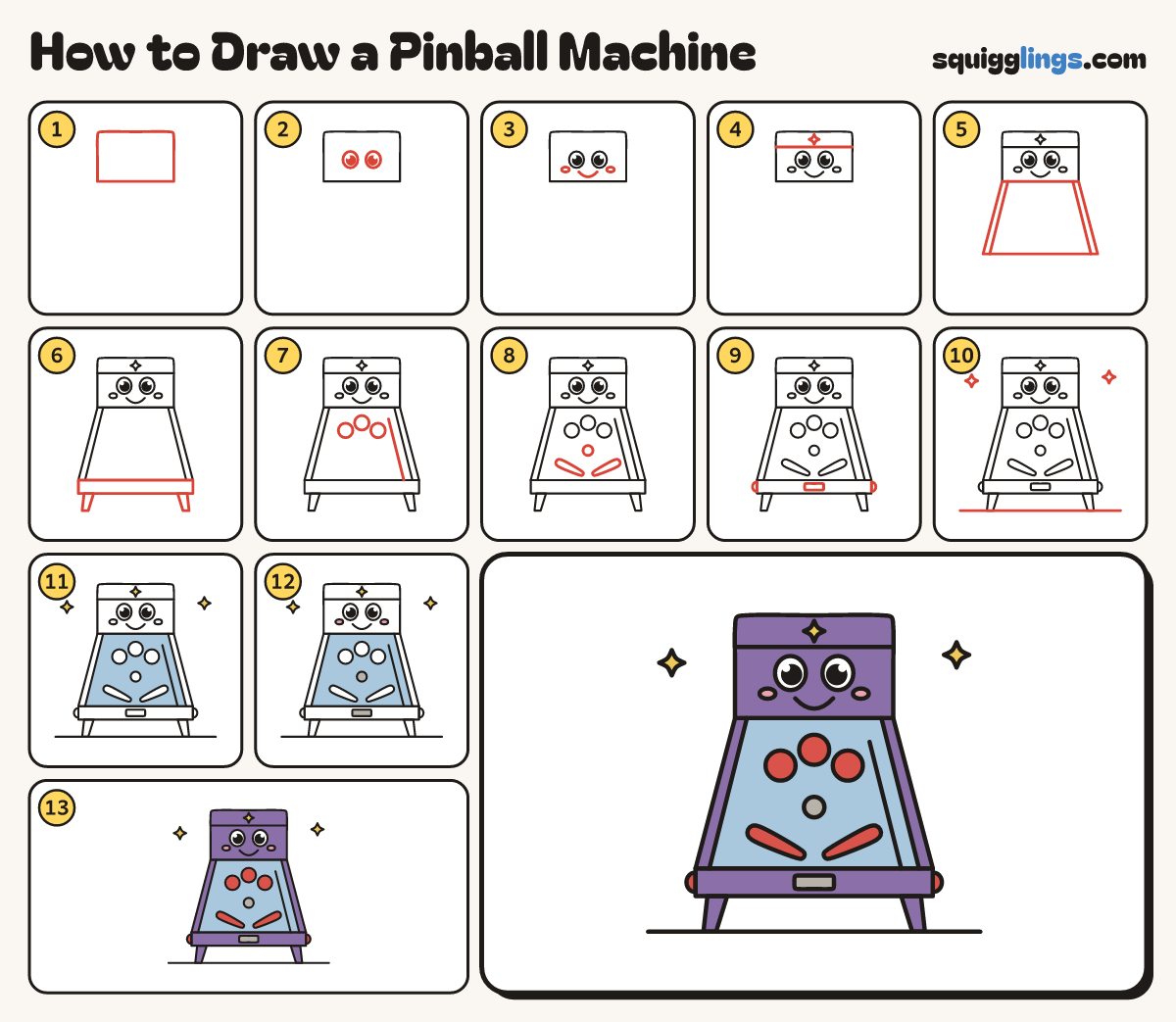 How to Draw a Pinball Machine step by step: all 13 steps in one picture