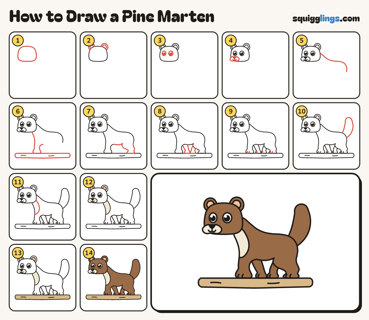 How to Draw a Pine Marten step by step: all 14 steps in one picture