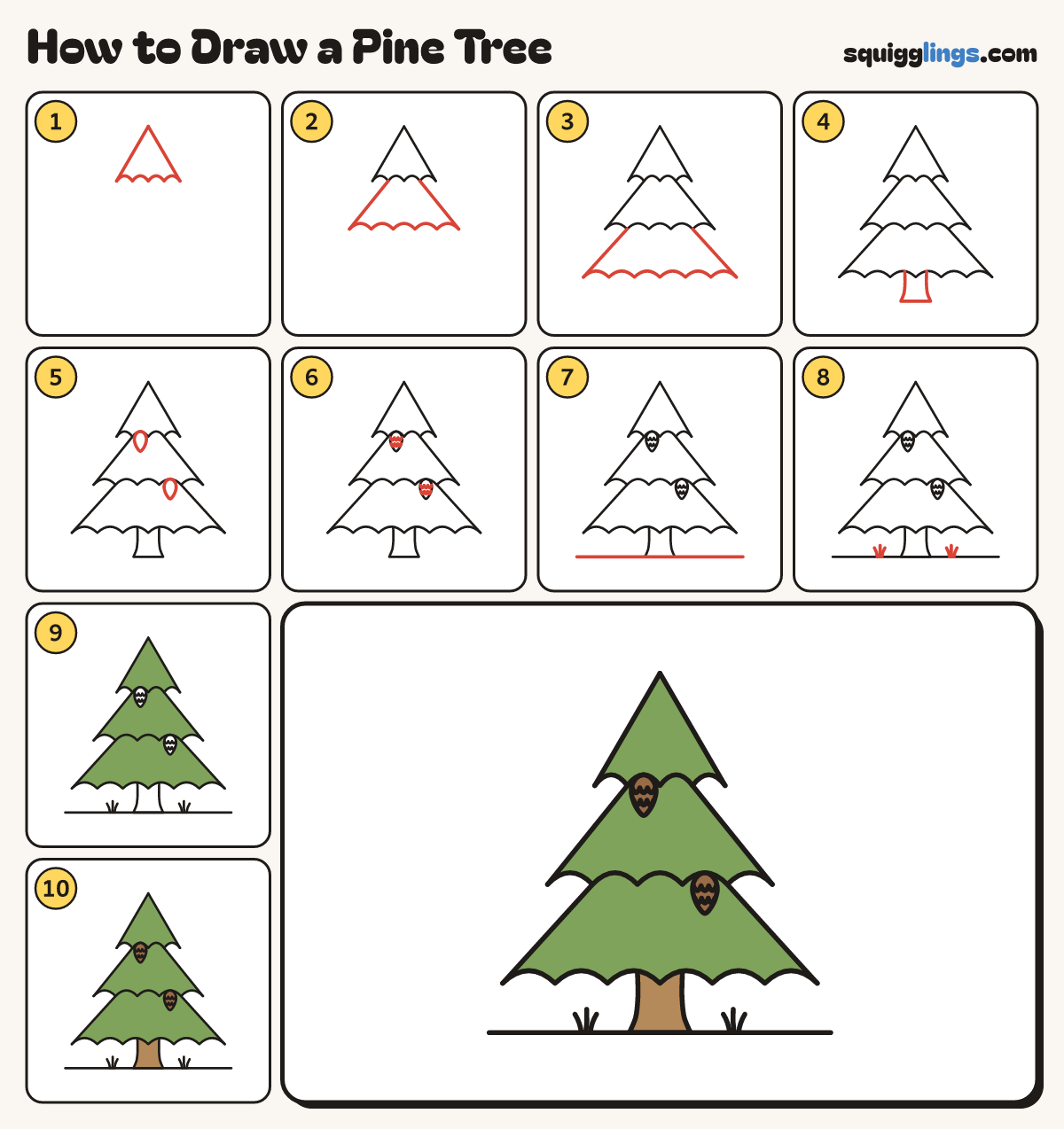 How to Draw a Pine Tree step by step: all 10 steps in one picture