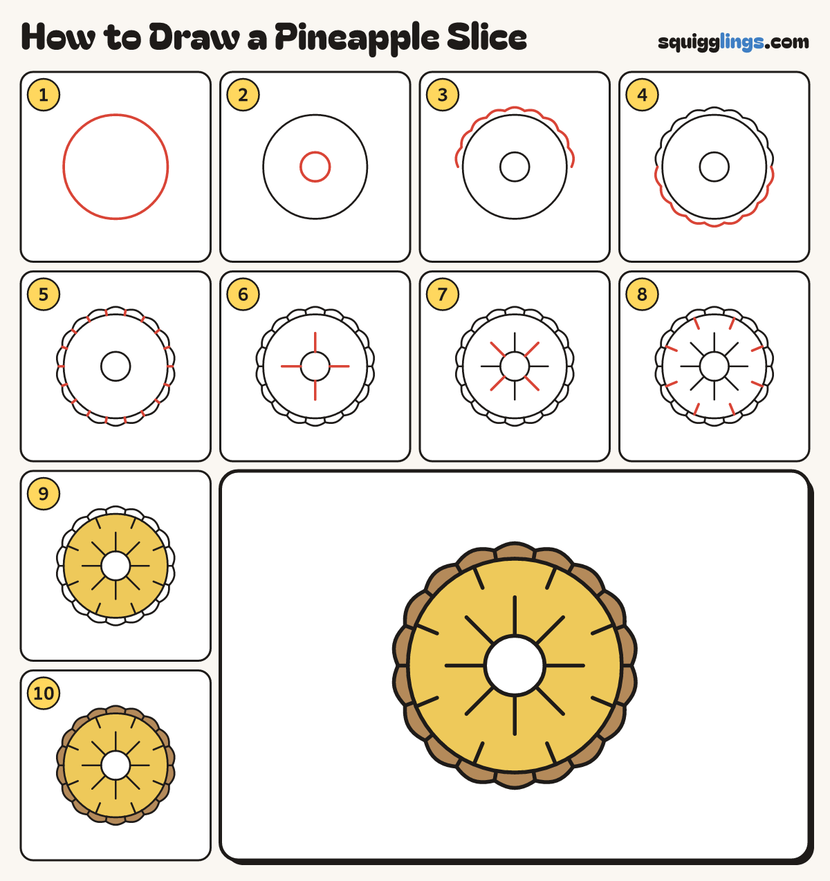How to Draw a Pineapple Slice step by step: all 10 steps in one picture