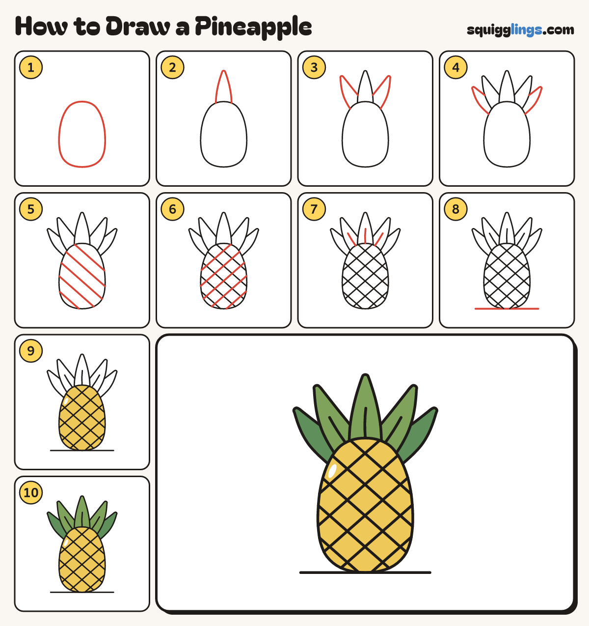 How to Draw a Pineapple step by step: all 10 steps in one picture