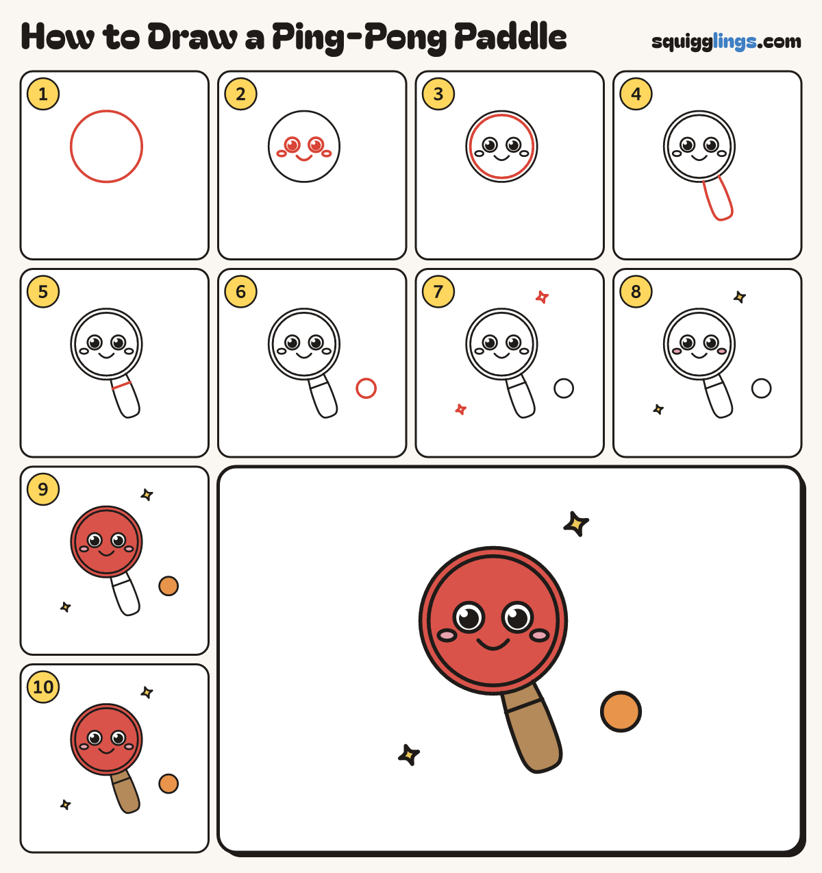How to Draw a Ping-Pong Paddle step by step: all 10 steps in one picture