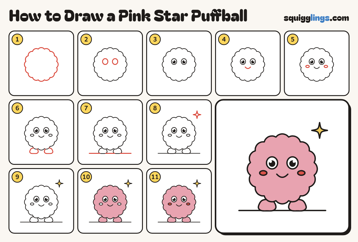 How to Draw a Pink Star Puffball step by step: all 11 steps in one picture