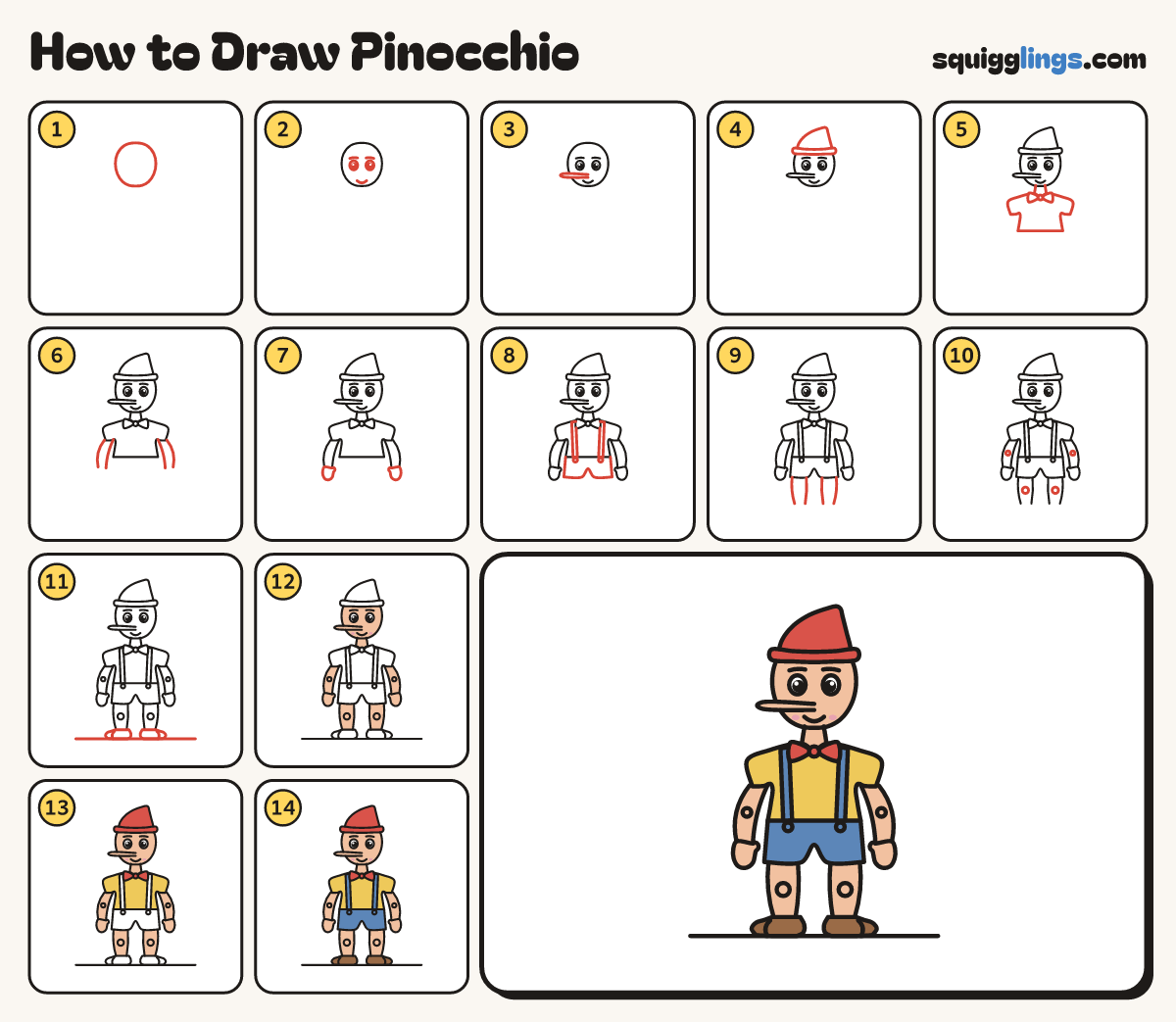 How to Draw Pinocchio step by step: all 14 steps in one picture