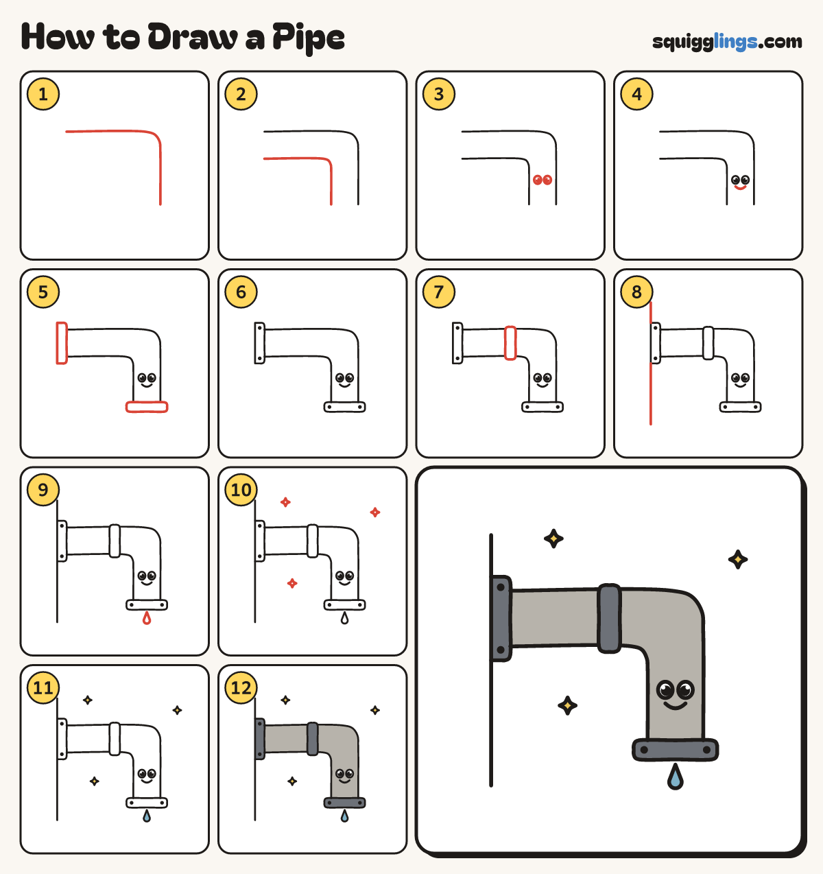 How to Draw a Pipe step by step: all 12 steps in one picture