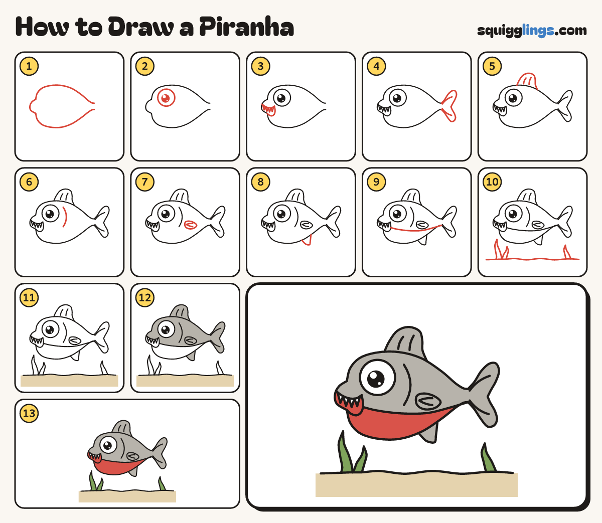 How to Draw a Piranha step by step: all 13 steps in one picture
