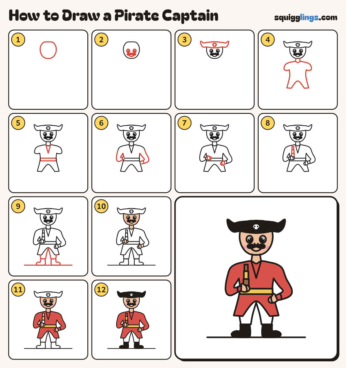 How to Draw a Pirate Captain step by step: all 12 steps in one picture
