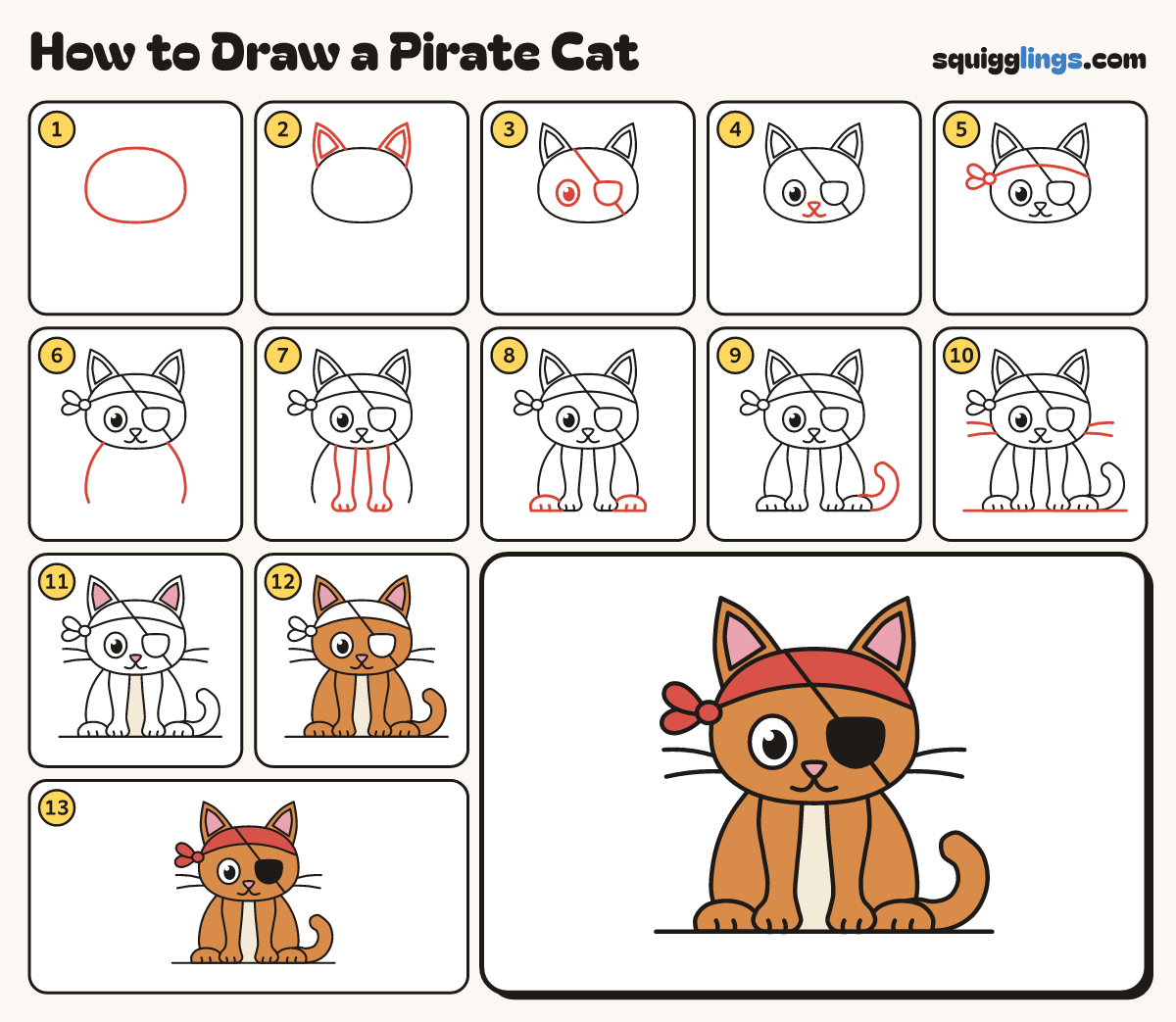 How to Draw a Pirate Cat step by step: all 13 steps in one picture
