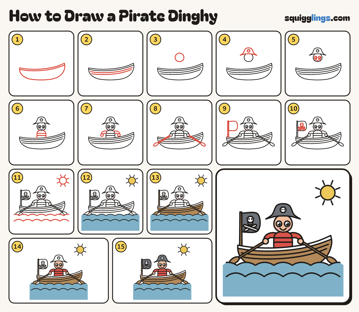 How to Draw a Pirate Dinghy step by step: all 15 steps in one picture