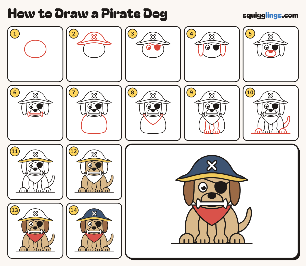 How to Draw a Pirate Dog step by step: all 14 steps in one picture