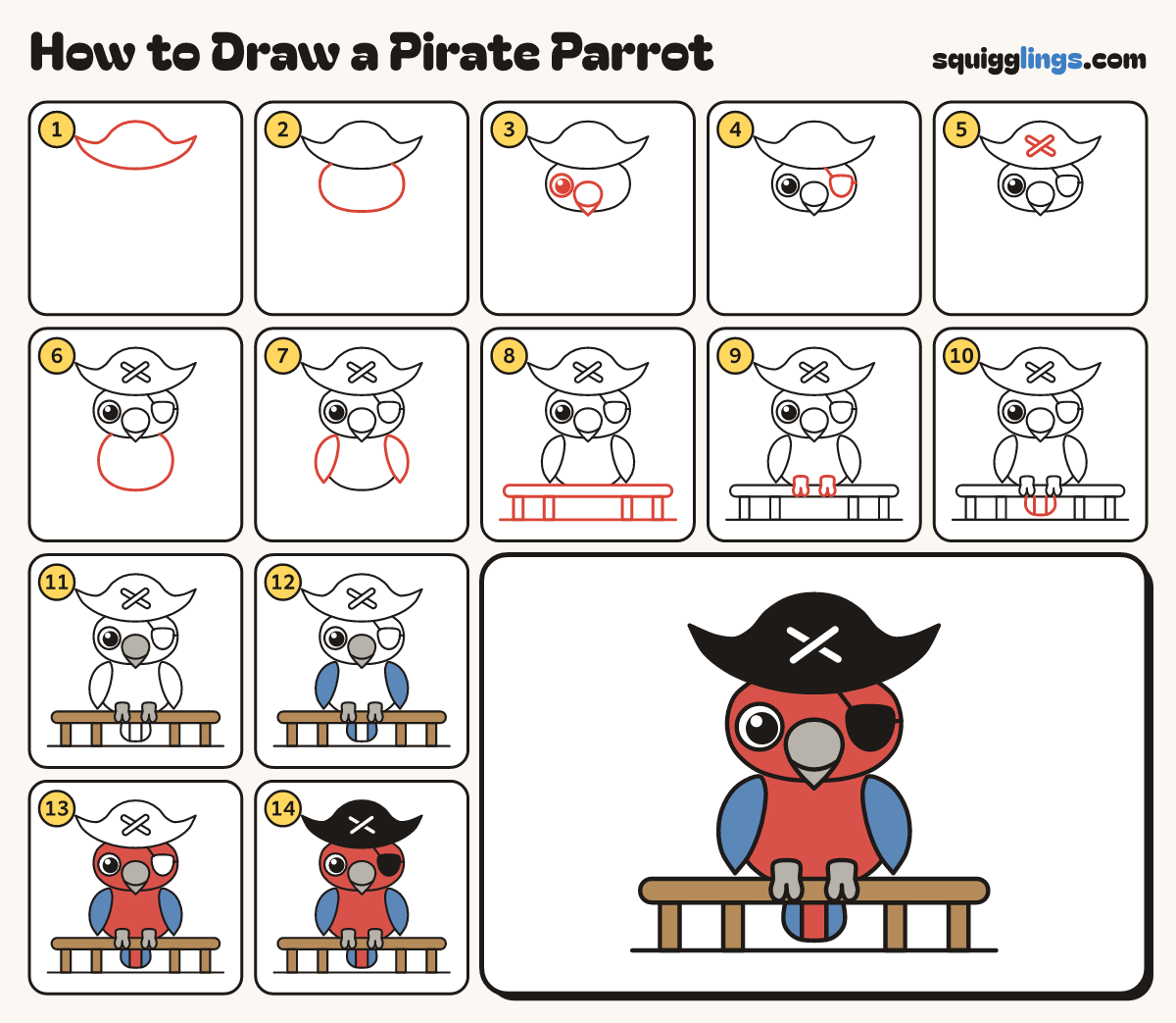How to Draw a Pirate Parrot step by step: all 14 steps in one picture