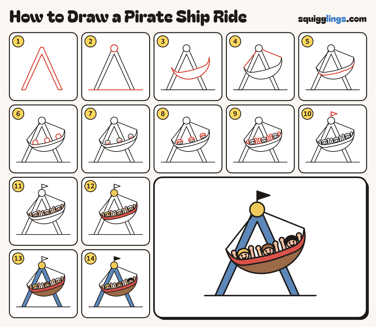 How to Draw a Pirate Ship Ride step by step: all 14 steps in one picture