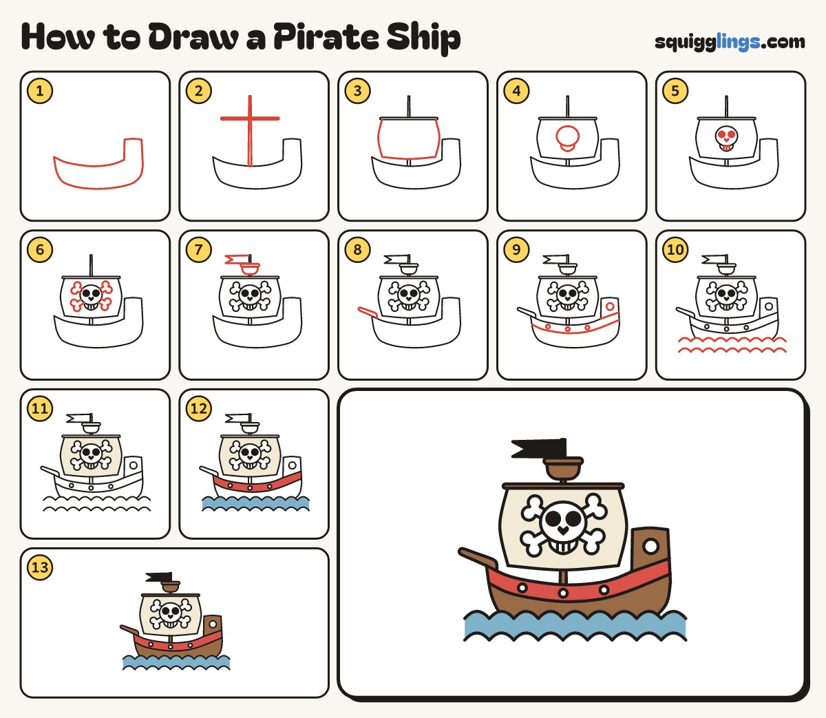 How to Draw a Pirate Ship step by step: all 13 steps in one picture