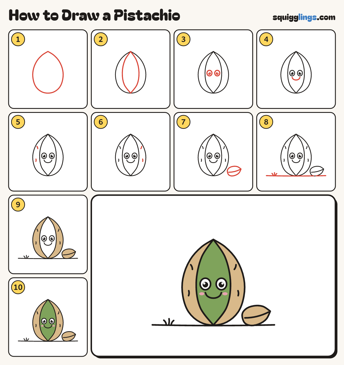 How to Draw a Pistachio step by step: all 10 steps in one picture