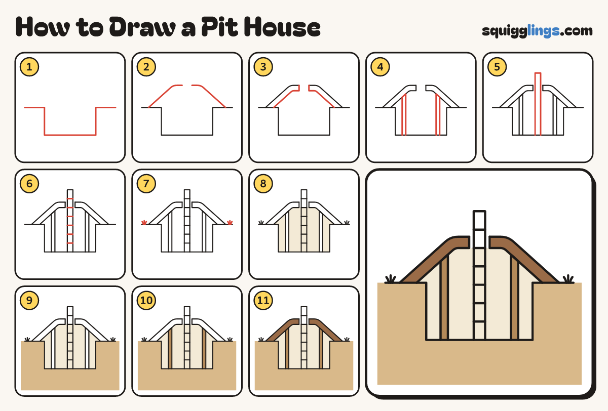How to Draw a Pit House step by step: all 11 steps in one picture