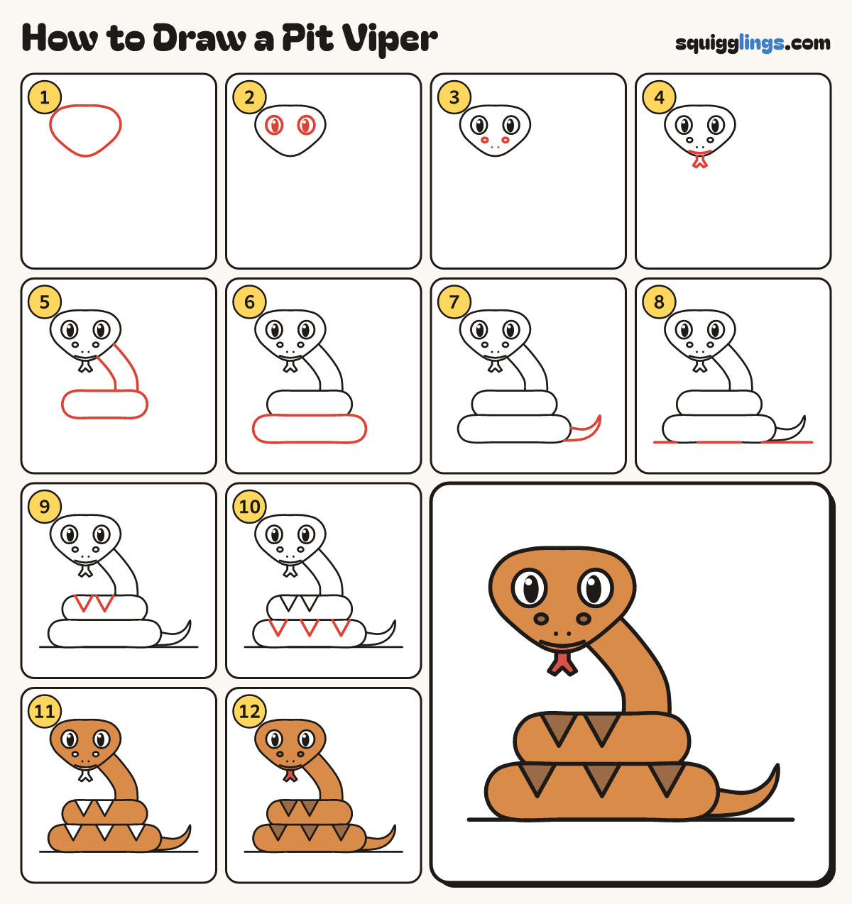How to Draw a Pit Viper step by step: all 12 steps in one picture