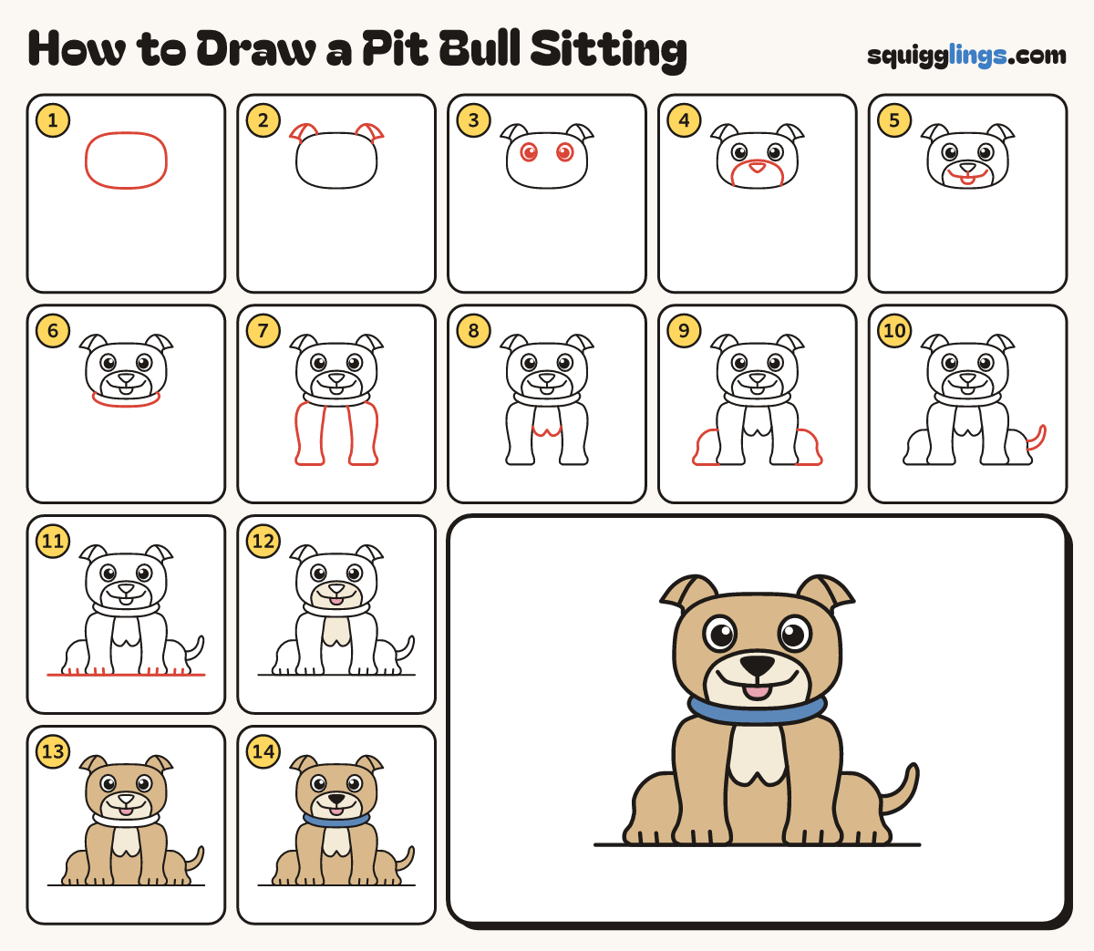 How to Draw a Pit Bull Sitting step by step: all 14 steps in one picture