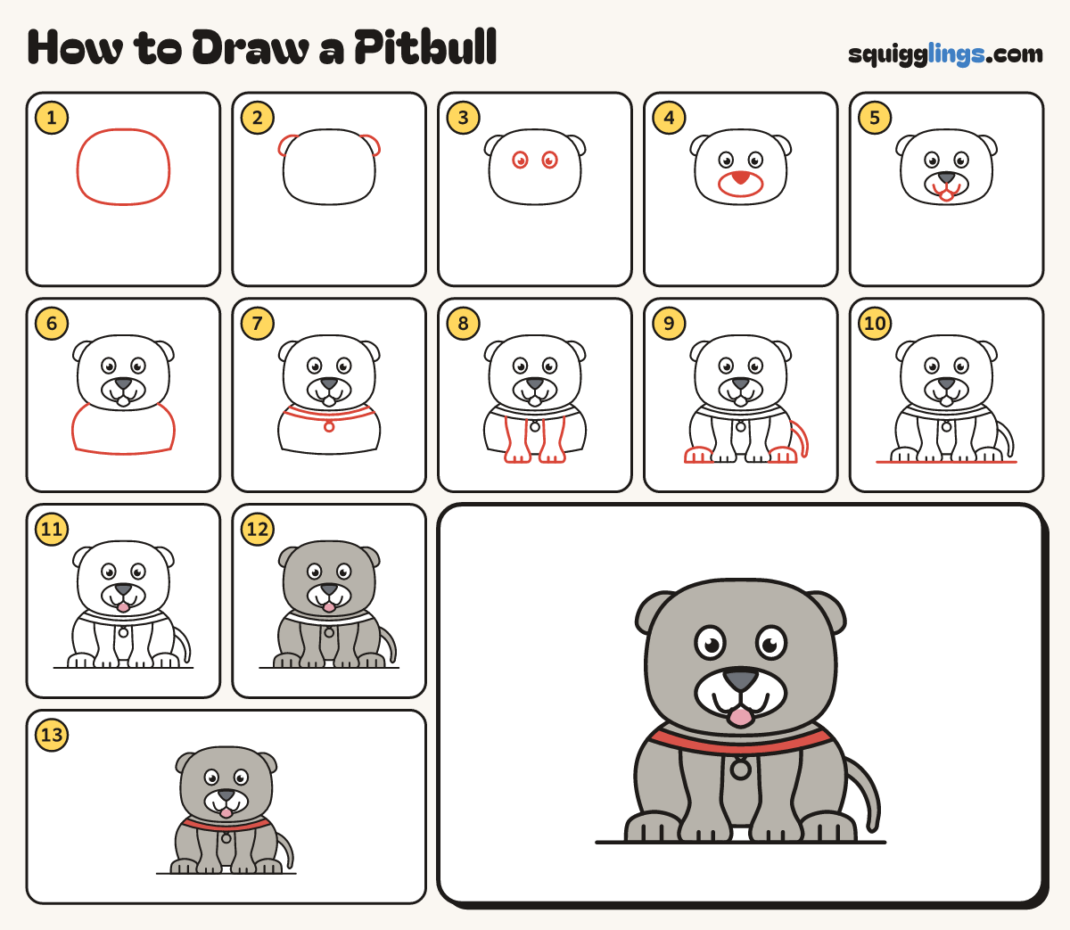 How to Draw a Pitbull step by step: all 13 steps in one picture
