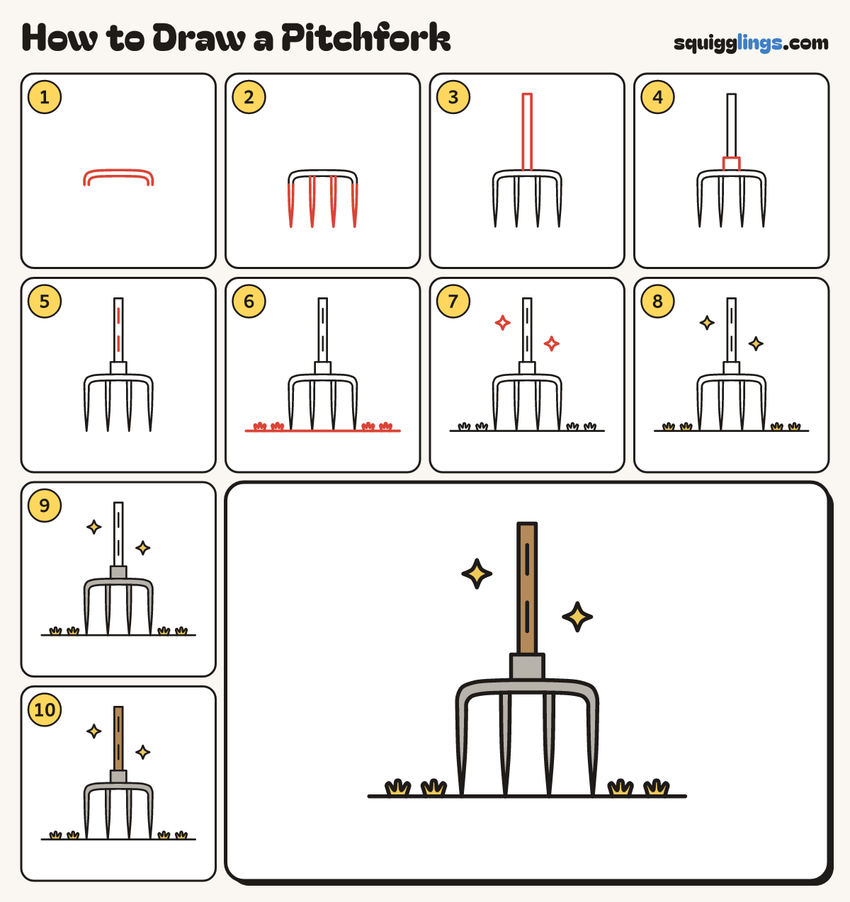 How to Draw a Pitchfork step by step: all 10 steps in one picture