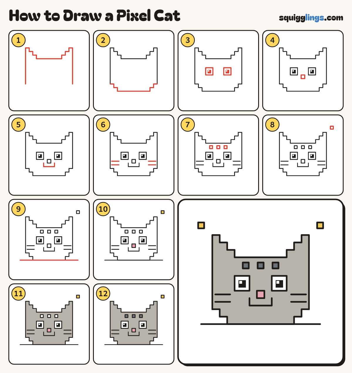 How to Draw a Pixel Cat step by step: all 12 steps in one picture