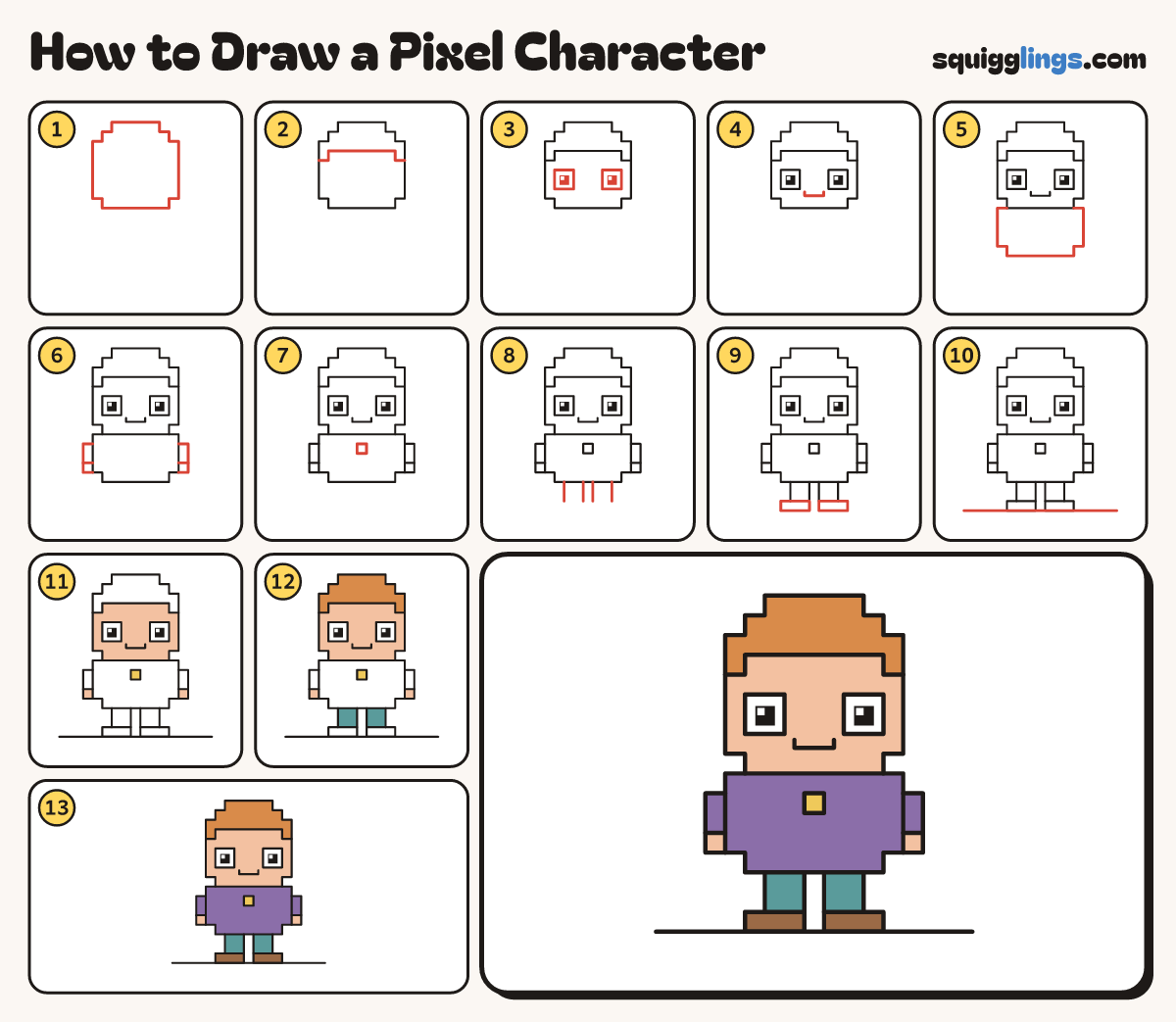 How to Draw a Pixel Character step by step: all 13 steps in one picture