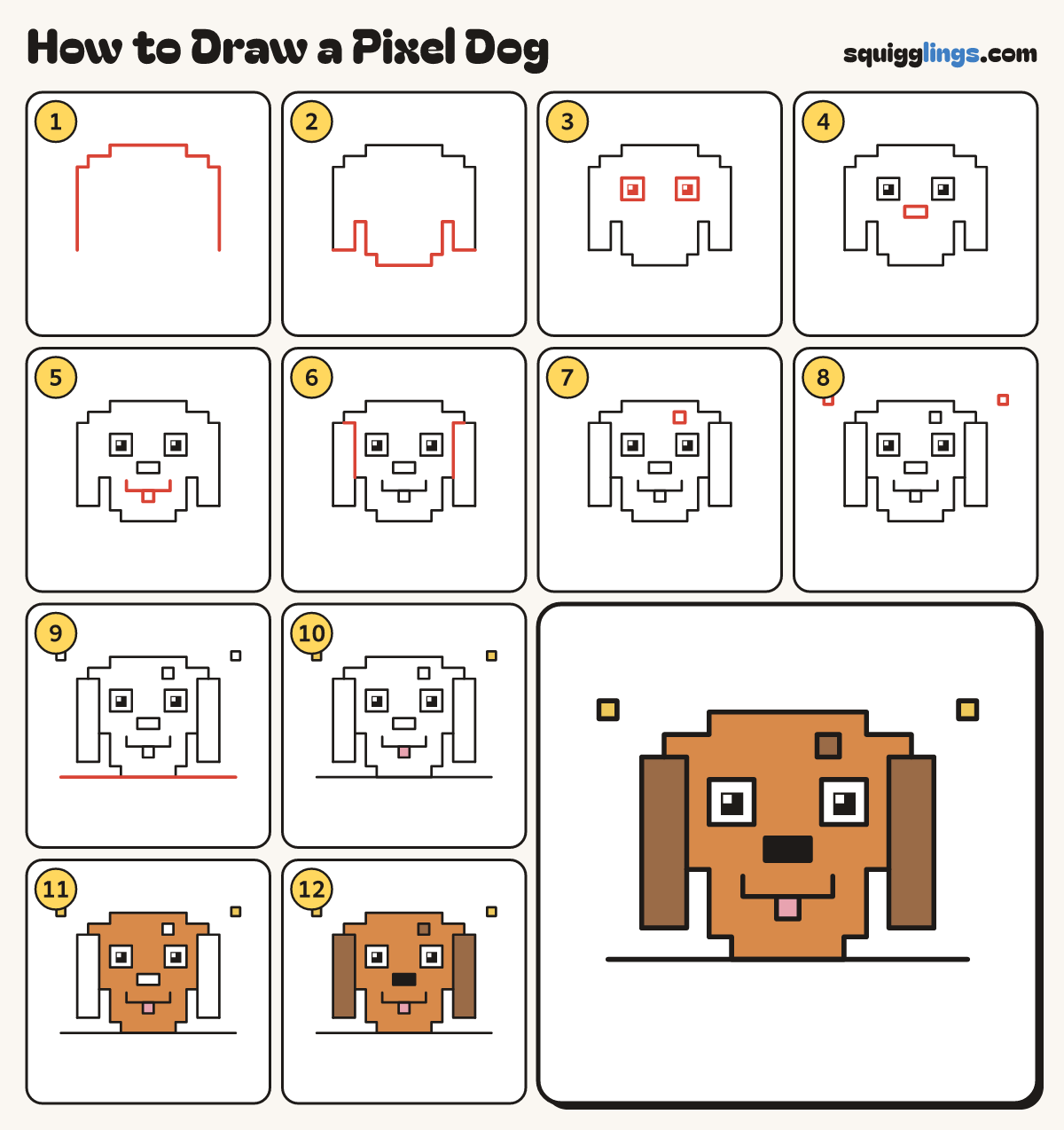 How to Draw a Pixel Dog step by step: all 12 steps in one picture