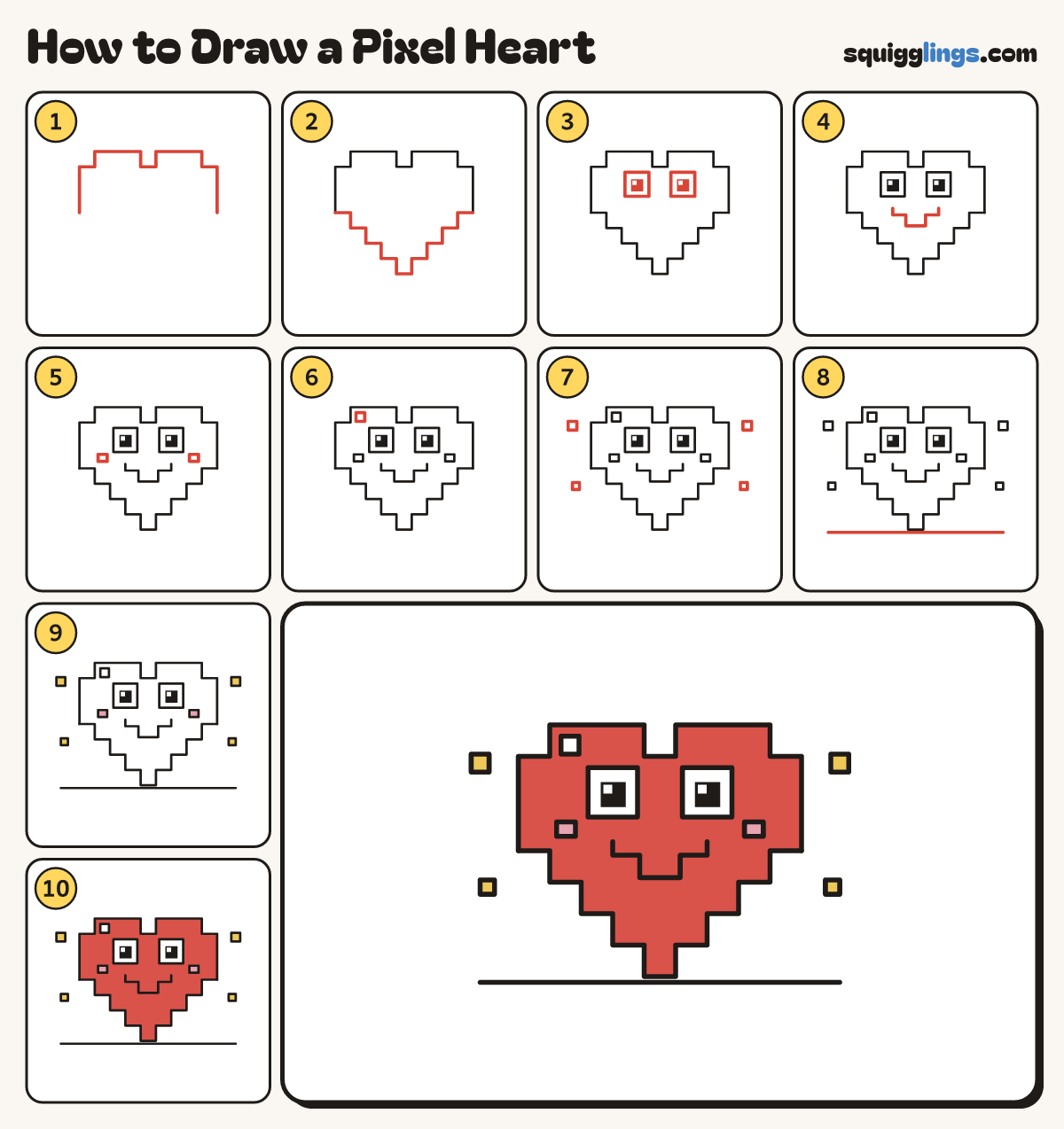 How to Draw a Pixel Heart step by step: all 10 steps in one picture