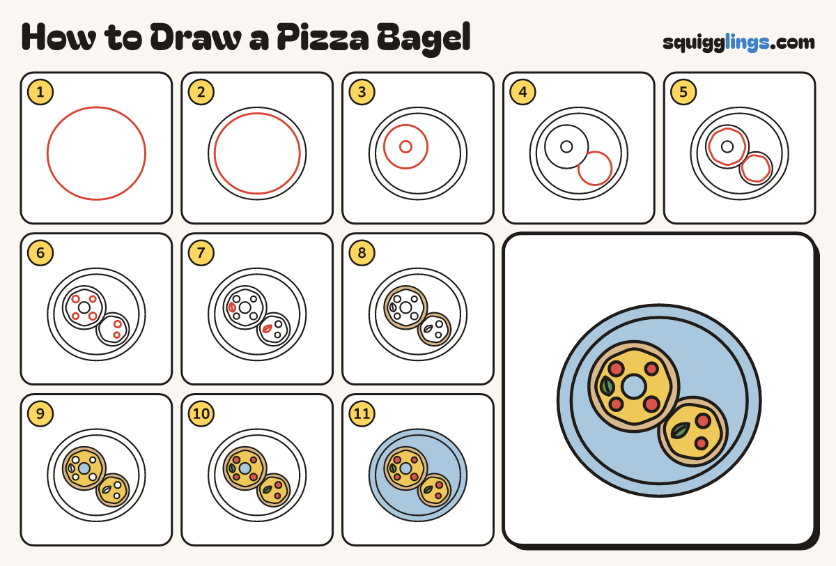 How to Draw a Pizza Bagel step by step: all 11 steps in one picture