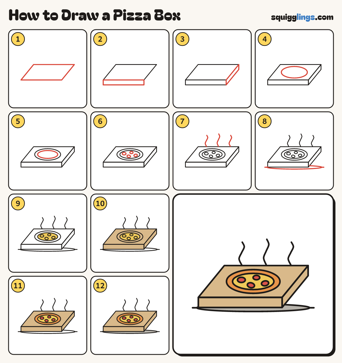 How to Draw a Pizza Box step by step: all 12 steps in one picture