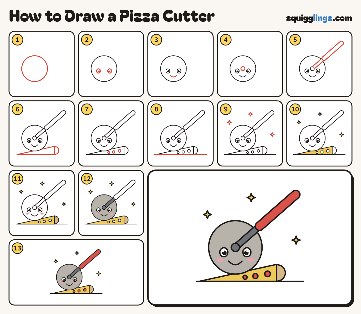 How to Draw a Pizza Cutter step by step: all 13 steps in one picture