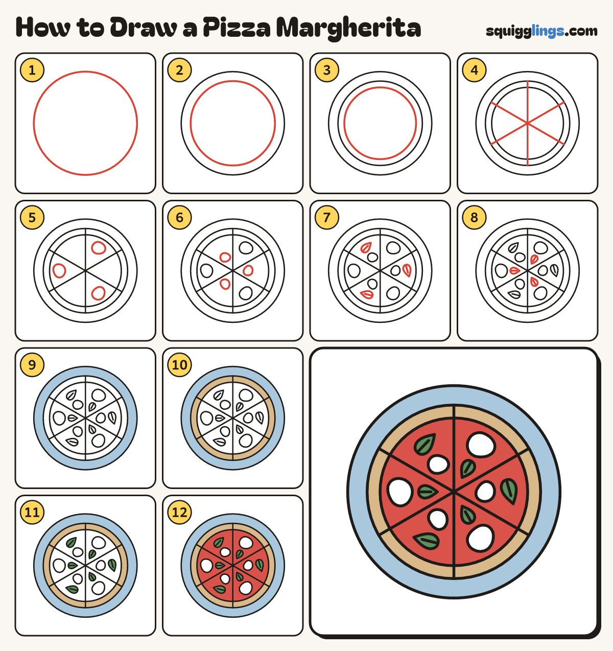 How to Draw a Pizza Margherita step by step: all 12 steps in one picture