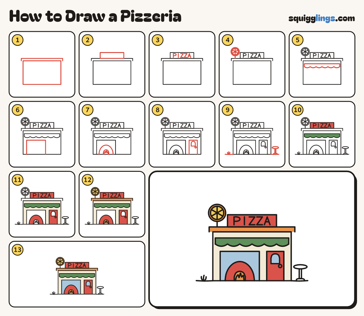 How to Draw a Pizzeria step by step: all 13 steps in one picture