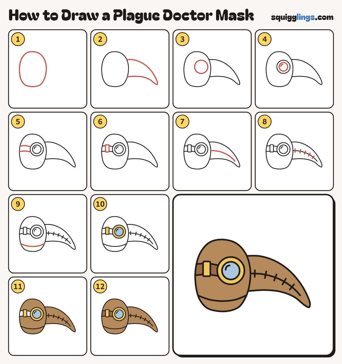 How to Draw a Plague Doctor Mask step by step: all 12 steps in one picture