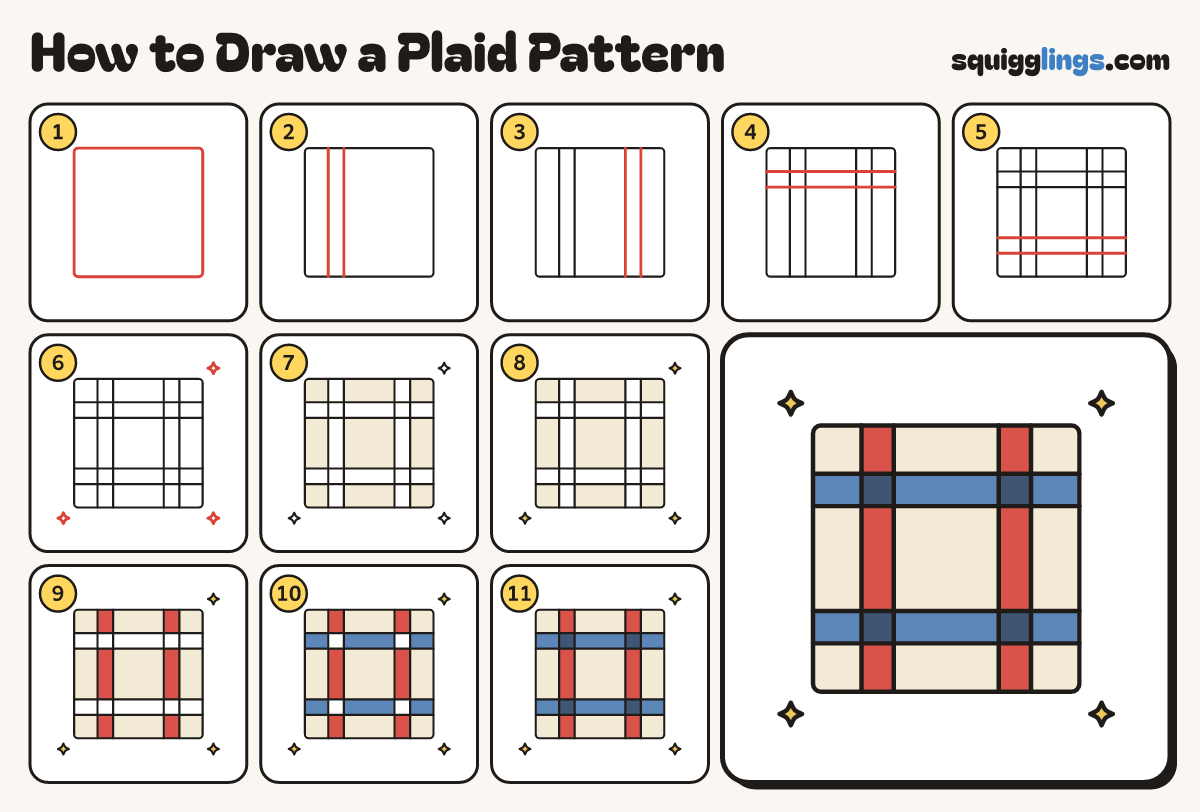 How to Draw a Plaid Pattern step by step: all 11 steps in one picture
