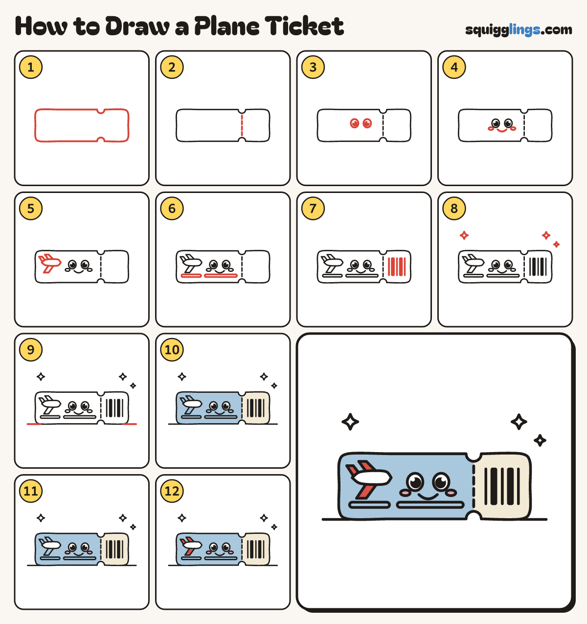 How to Draw a Plane Ticket step by step: all 12 steps in one picture