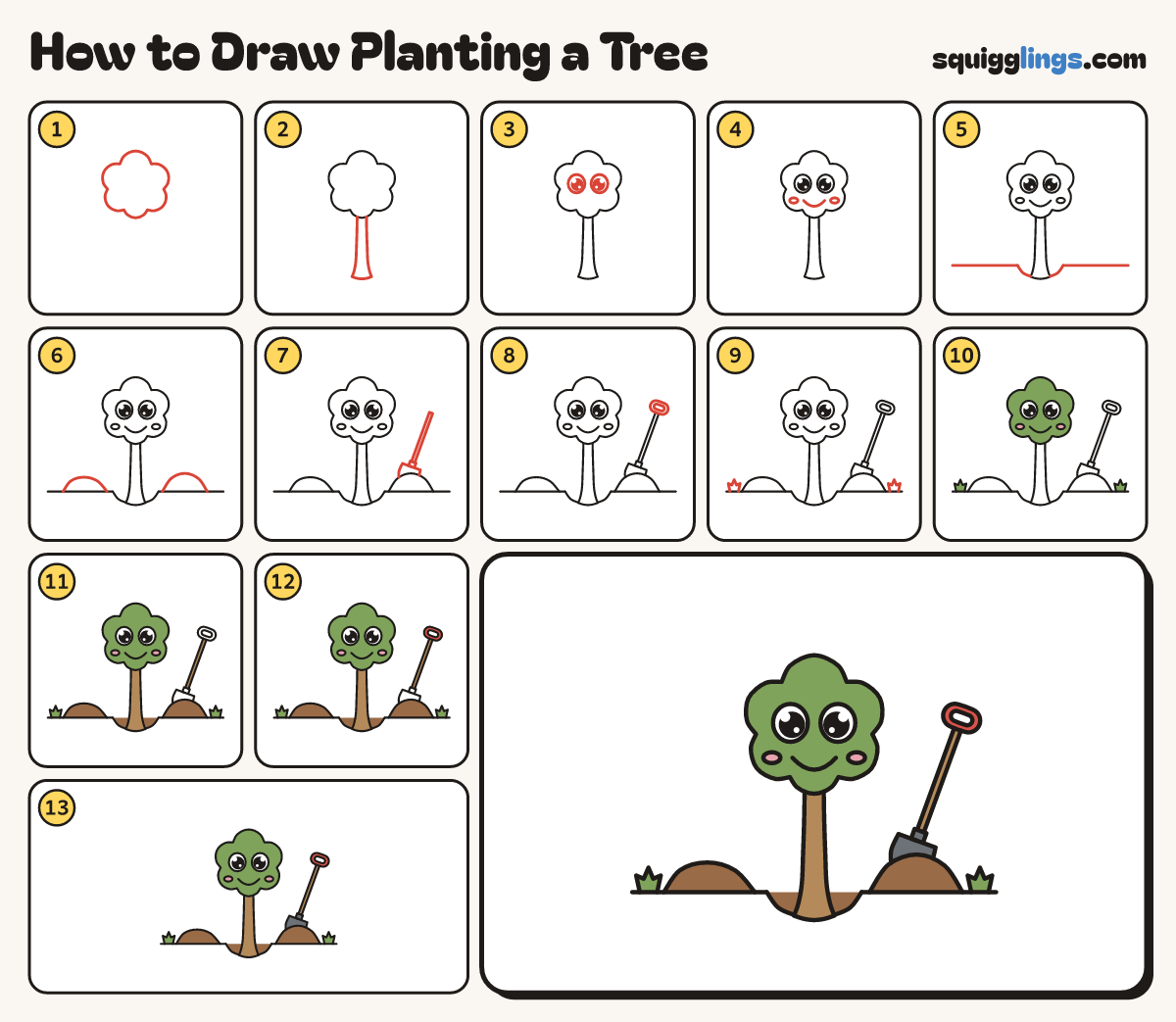 How to Draw Planting a Tree step by step: all 13 steps in one picture