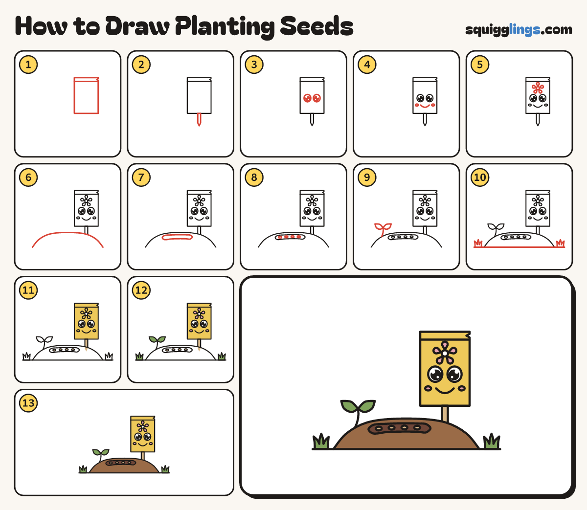 How to Draw Planting Seeds step by step: all 13 steps in one picture