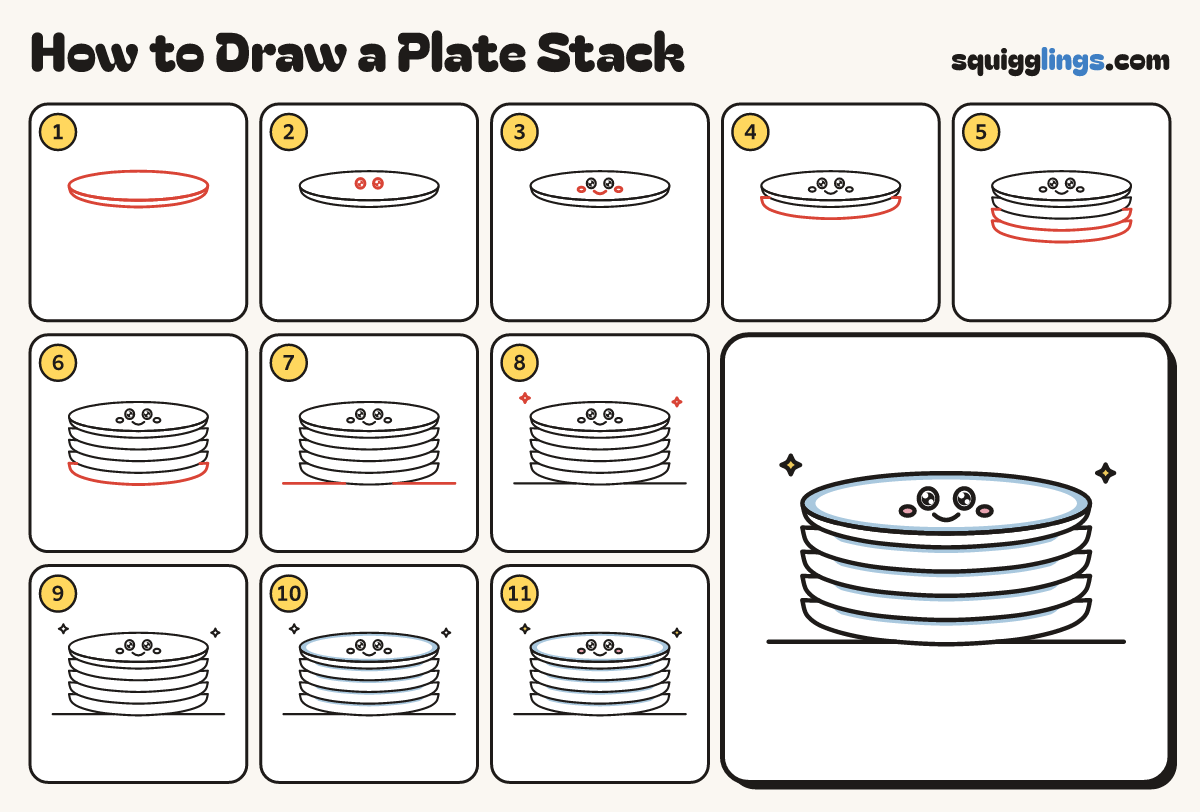 How to Draw a Plate Stack step by step: all 11 steps in one picture