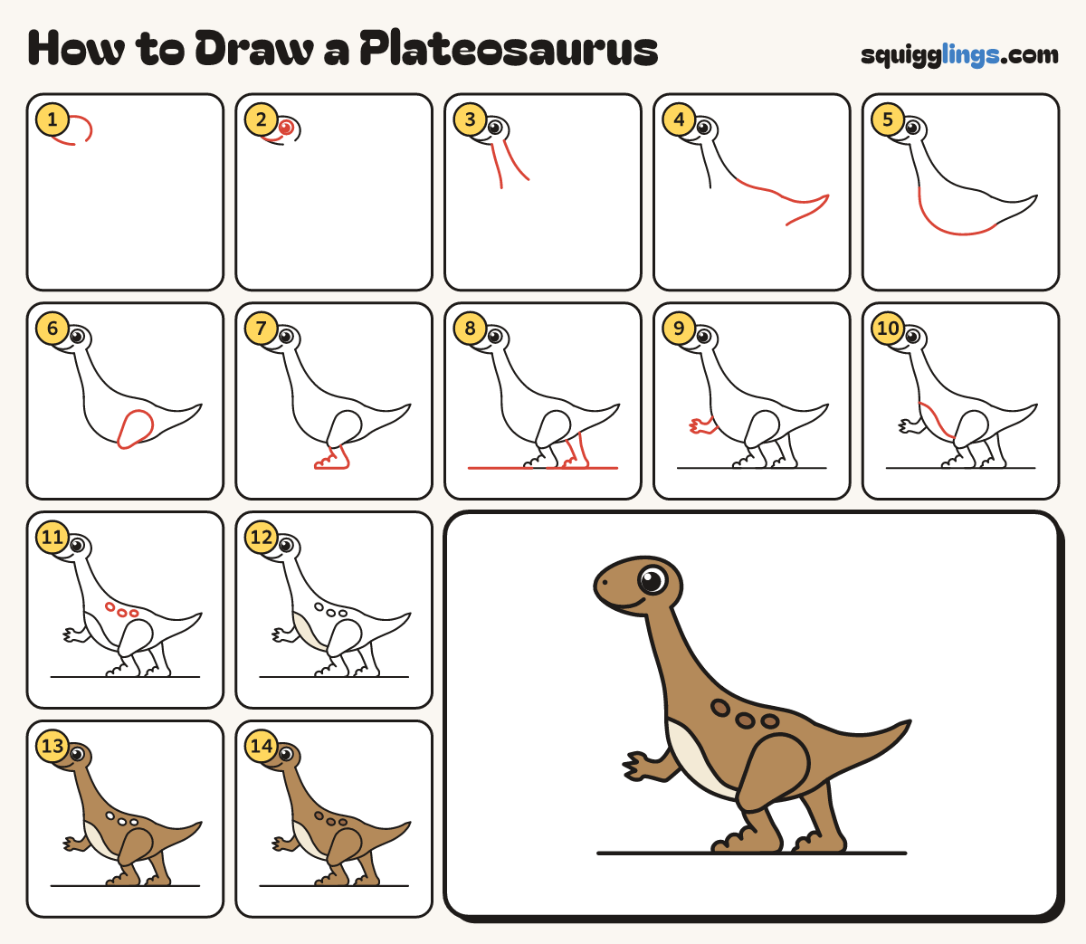 How to Draw a Plateosaurus step by step: all 14 steps in one picture