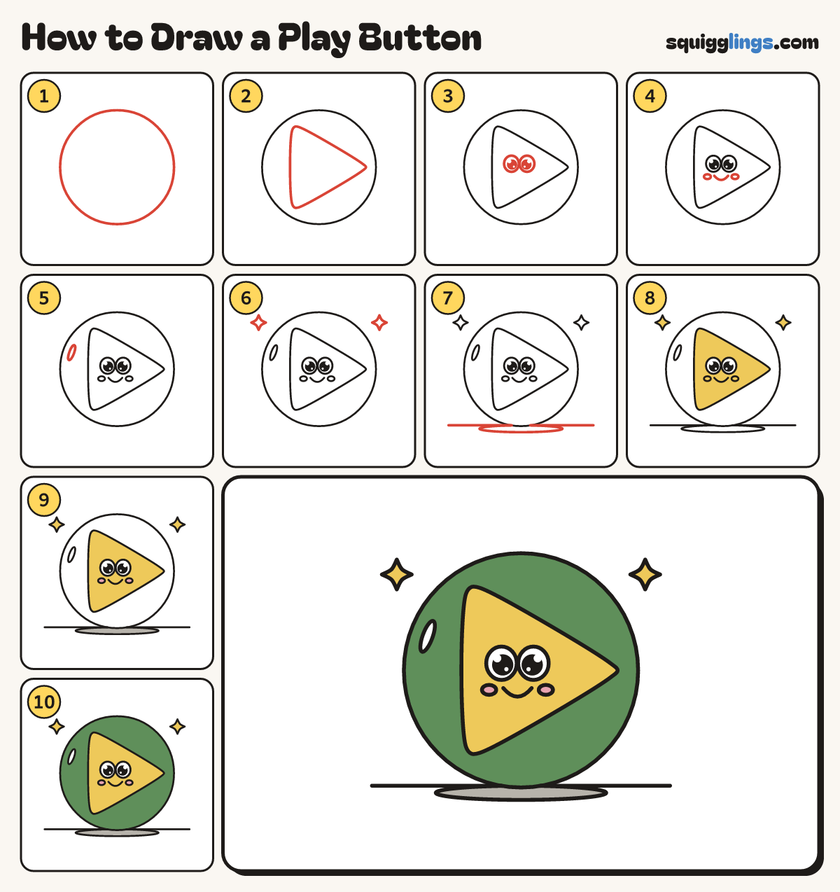 How to Draw a Play Button step by step: all 10 steps in one picture