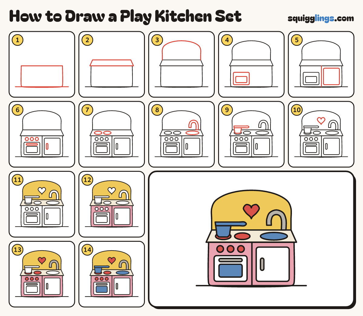 How to Draw a Play Kitchen Set step by step: all 14 steps in one picture