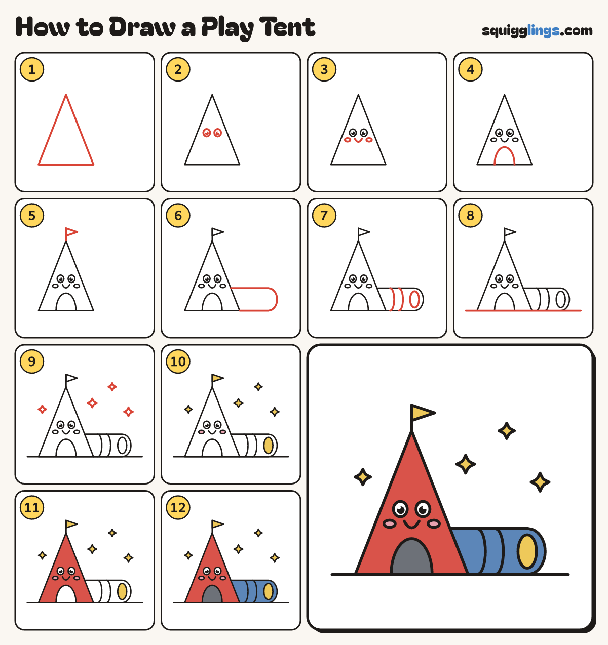 How to Draw a Play Tent step by step: all 12 steps in one picture