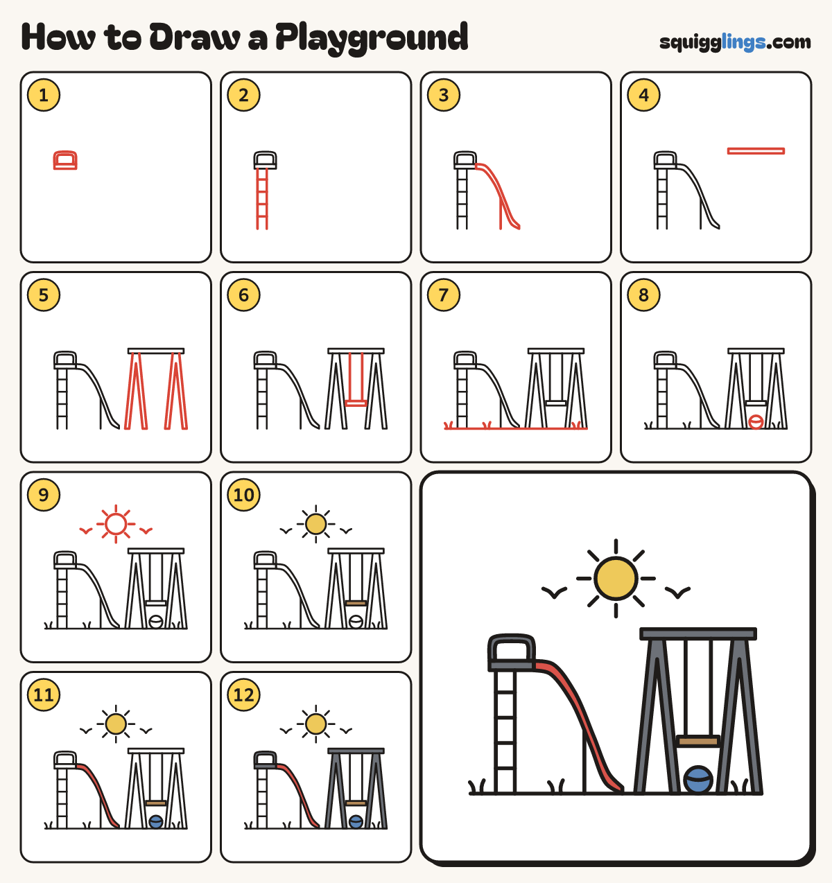 How to Draw a Playground step by step: all 12 steps in one picture