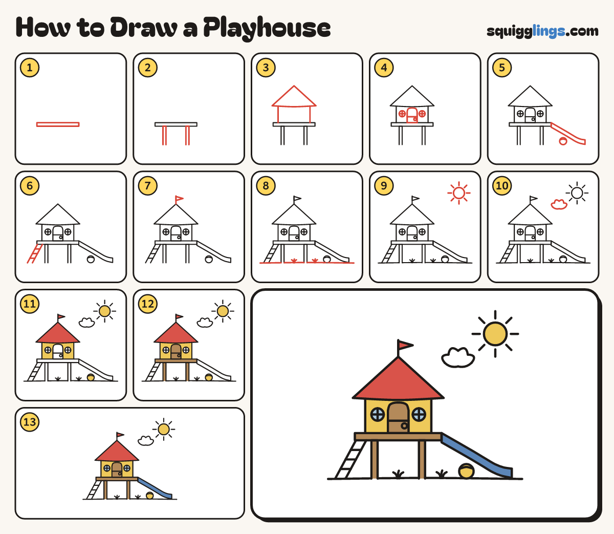 How to Draw a Playhouse step by step: all 13 steps in one picture