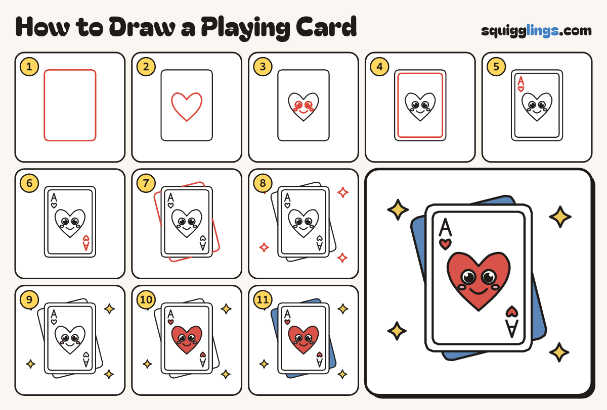 How to Draw a Playing Card step by step: all 11 steps in one picture