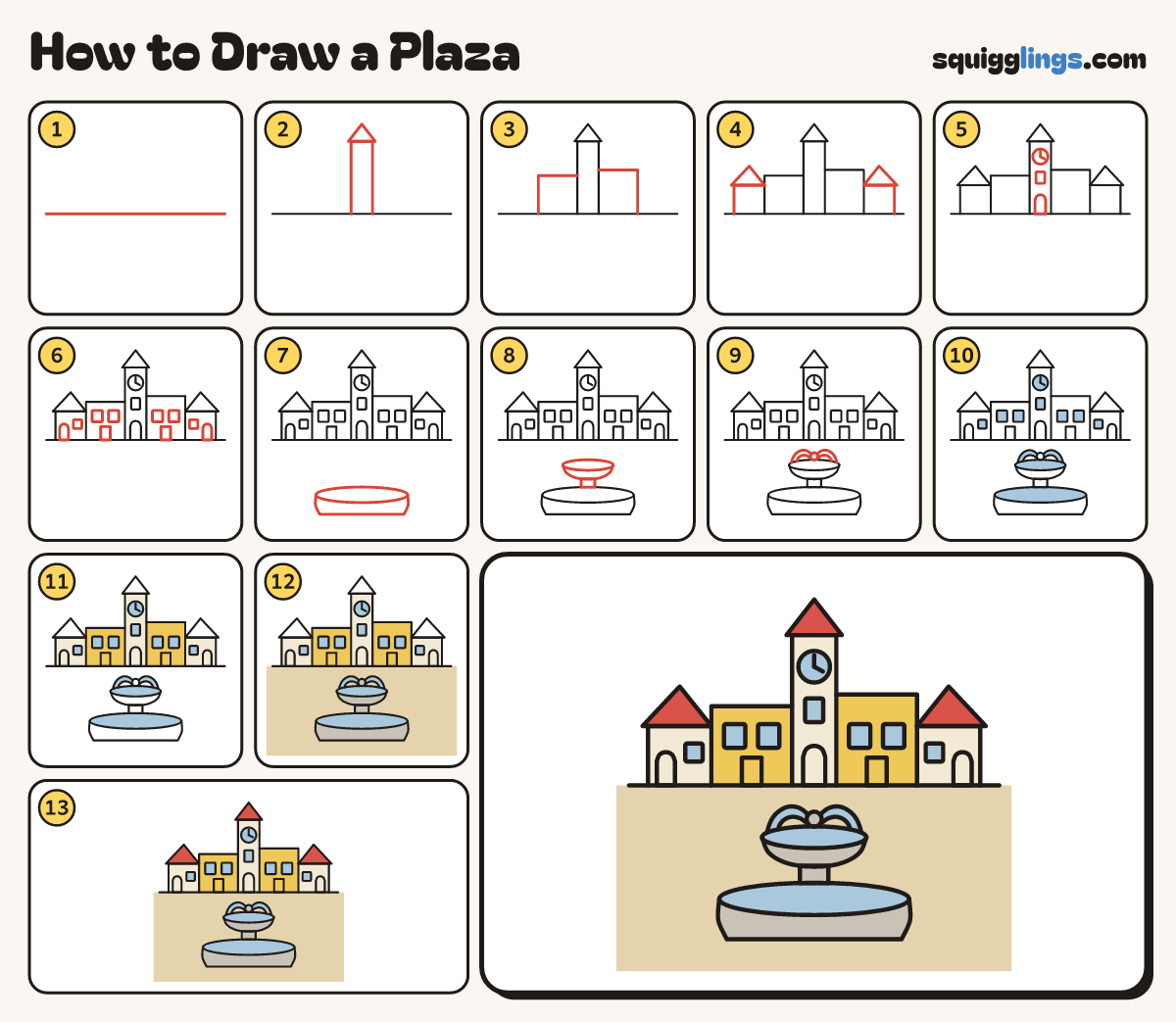 How to Draw a Plaza step by step: all 13 steps in one picture