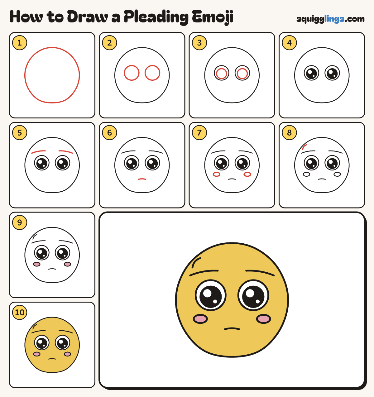 How to Draw a Pleading Emoji step by step: all 10 steps in one picture