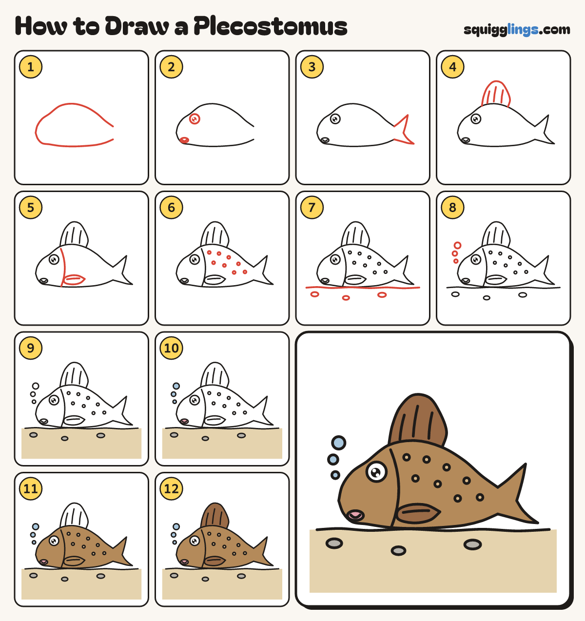 How to Draw a Plecostomus step by step: all 12 steps in one picture